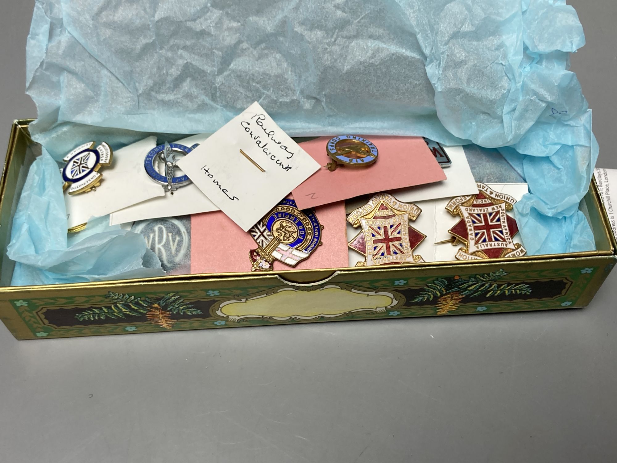 A collection of assorted enamel badges and nursing badges